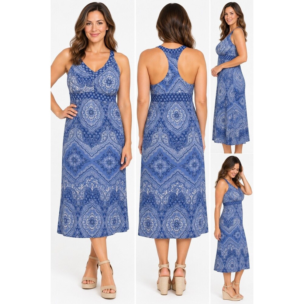 Women’s Large Blue Paisley Midi Dress Racerback Padded Bra Stretch